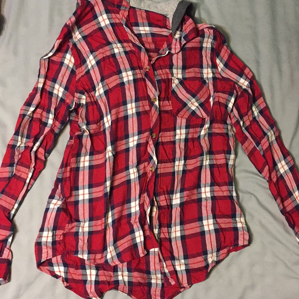 Plaid long sleeve shirt with a hood